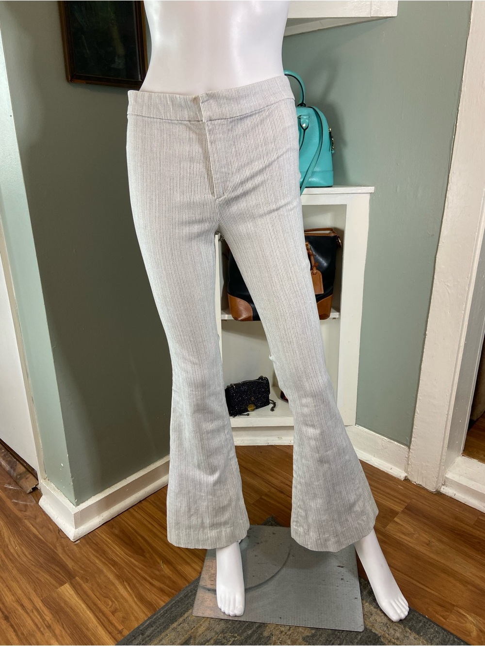 McGuire Denim Stretch Striped Blue White Mid Rise Bell Bottom Flare Pants [CH]